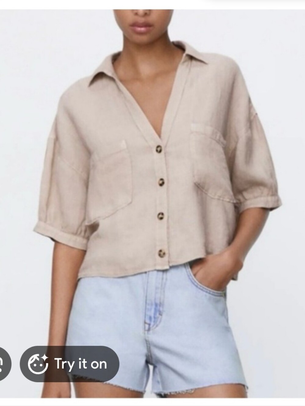 ZARA Beige Linen Button-Front Pocket Shirt
